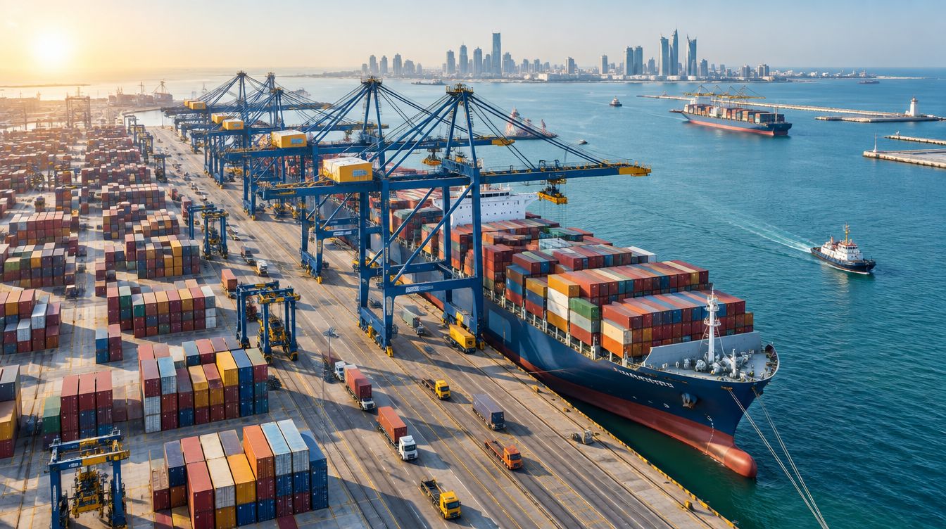 Aerial view of a container port: gantry cranes loading a ship at berth, with stacked containers and the city skyline behind
