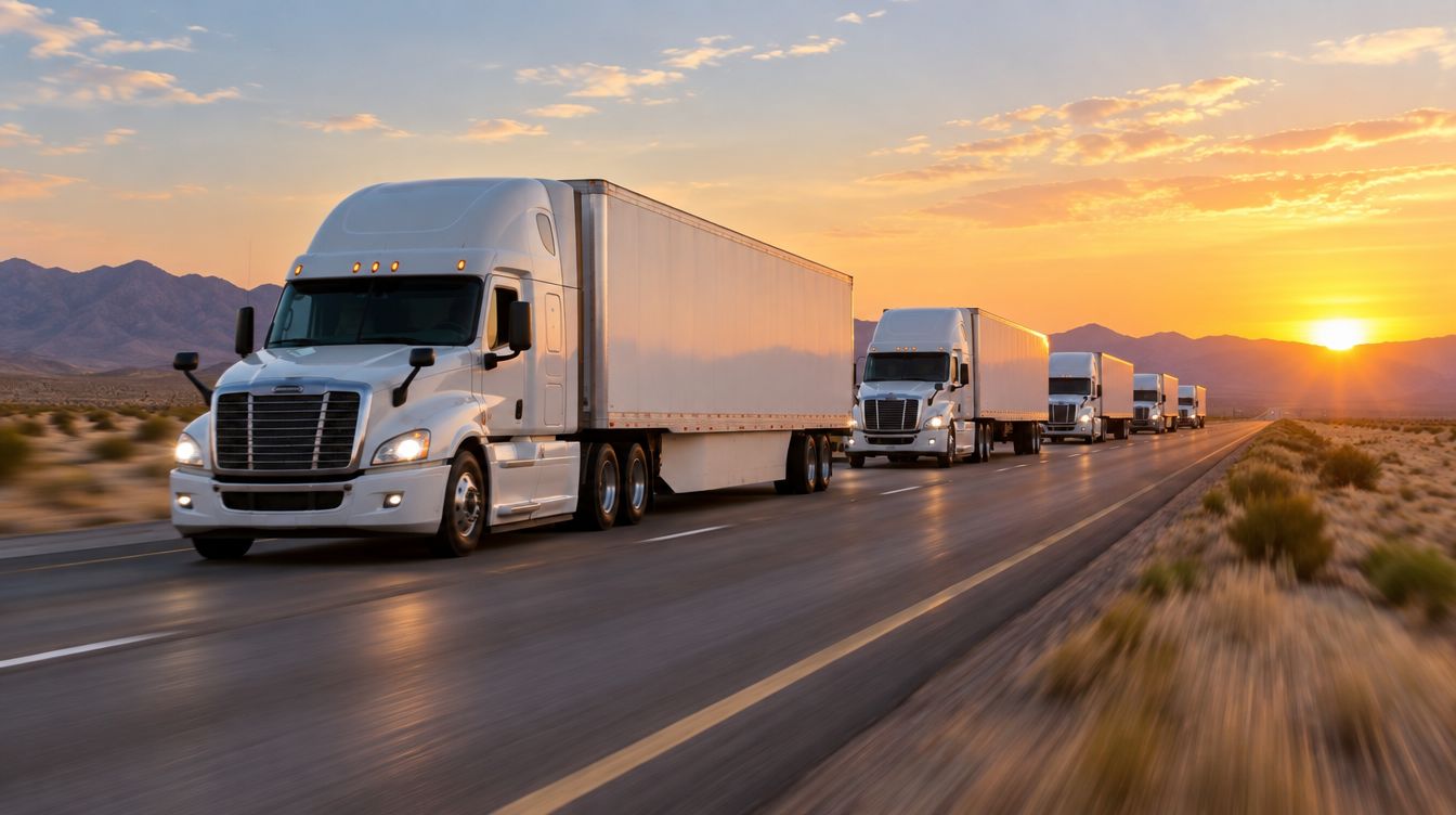 A convoy of white trucks on a desert highway at sunrise